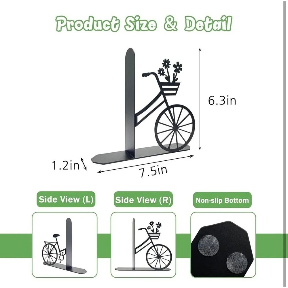 Bicycle Metal Bookends, Black Floral Bike Decorative Book Ends for Shelves